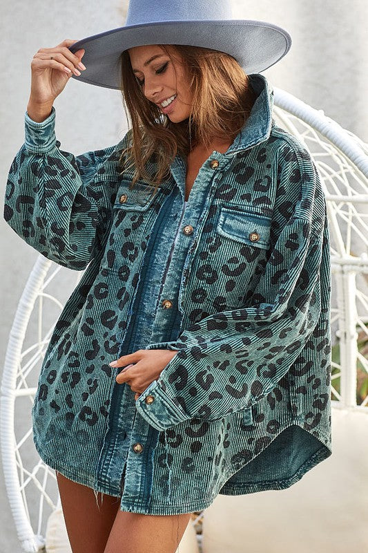 Bohemian Vintage Washed Leopard Corduroy Buttoned Jacket