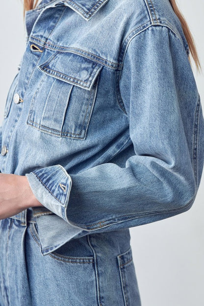 Bohemian Belted Collared Button Front Denim Workwear Jumpsuit