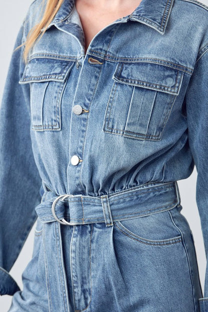 Bohemian Belted Collared Button Front Denim Workwear Jumpsuit