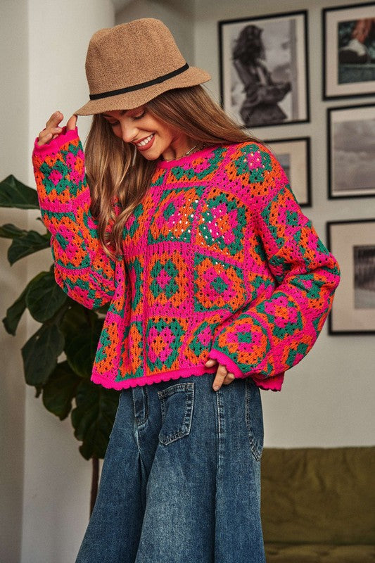 Bohemian Crochet Patchwork Round Neck Pullover Sweater Top