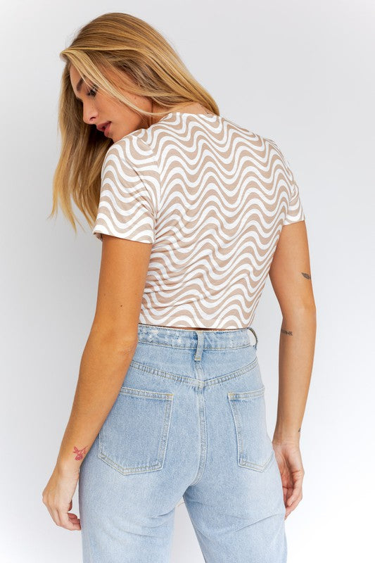 Bohemian Short Sleeve Front Criss Cross Abstract Print Knit Top