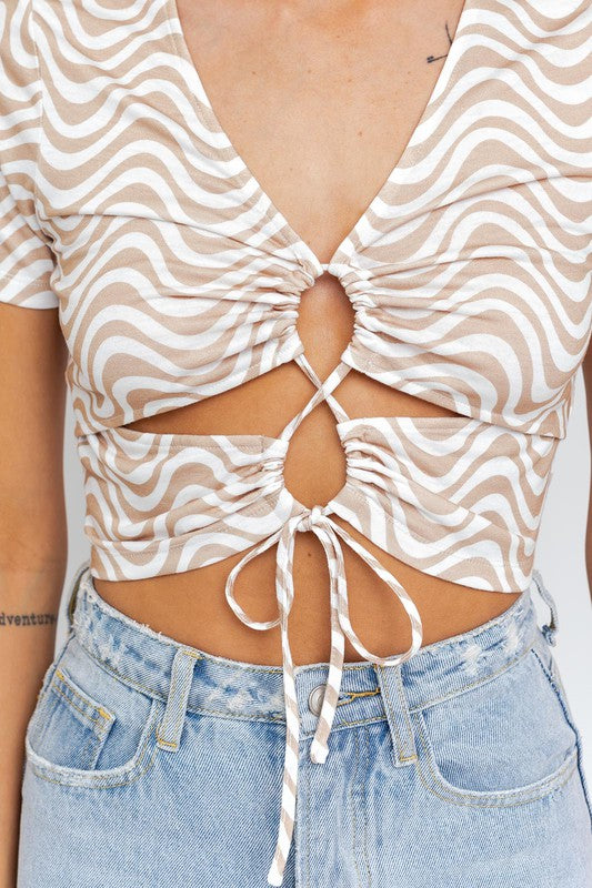 Bohemian Short Sleeve Front Criss Cross Abstract Print Knit Top