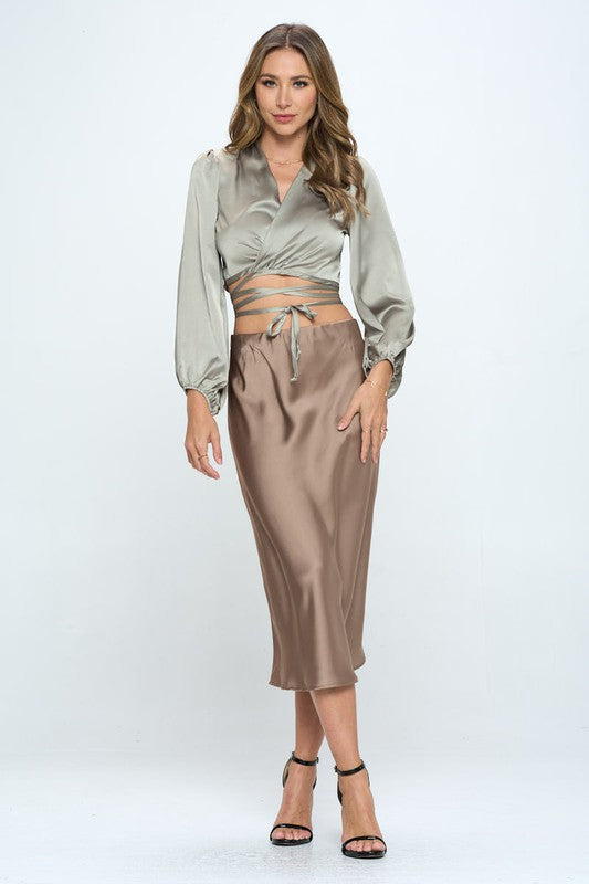 Bohemian Silky Satin Wrap Crop Top with Tie