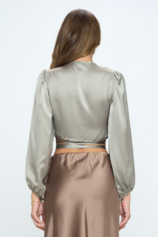 Bohemian Silky Satin Wrap Crop Top with Tie