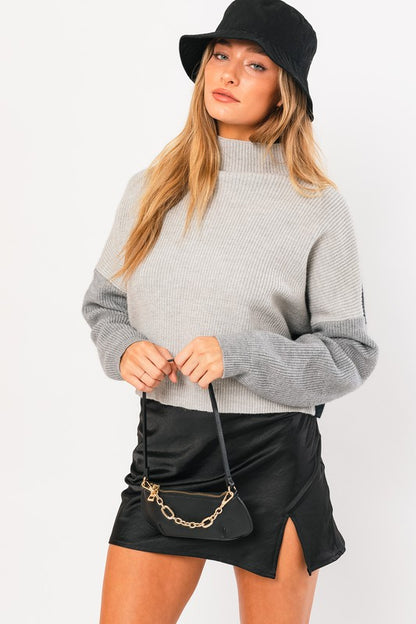 Bohemian Color Block Oversized Cropped Mock Neck Sweater