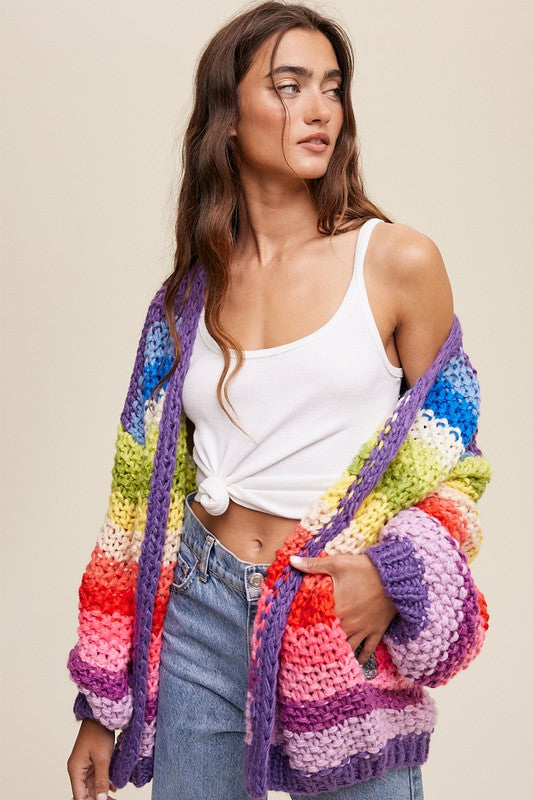 Bohemian Hand Crochet Rainbow Multi Color Oversized Open Cardigan