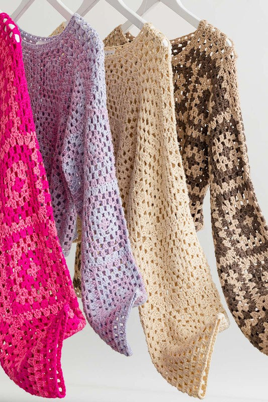 Bohemian Long Sleeve Floral Block Crochet Top