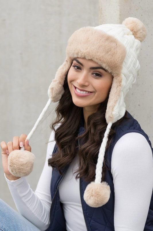 Bohemian Winter Cable Weave Pom Trapper Hat