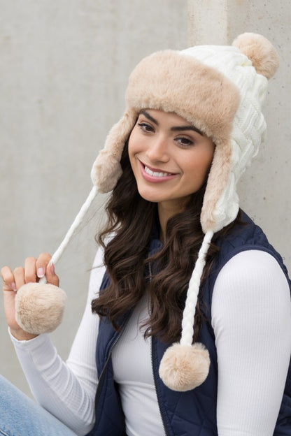 Bohemian Winter Cable Weave Pom Trapper Hat