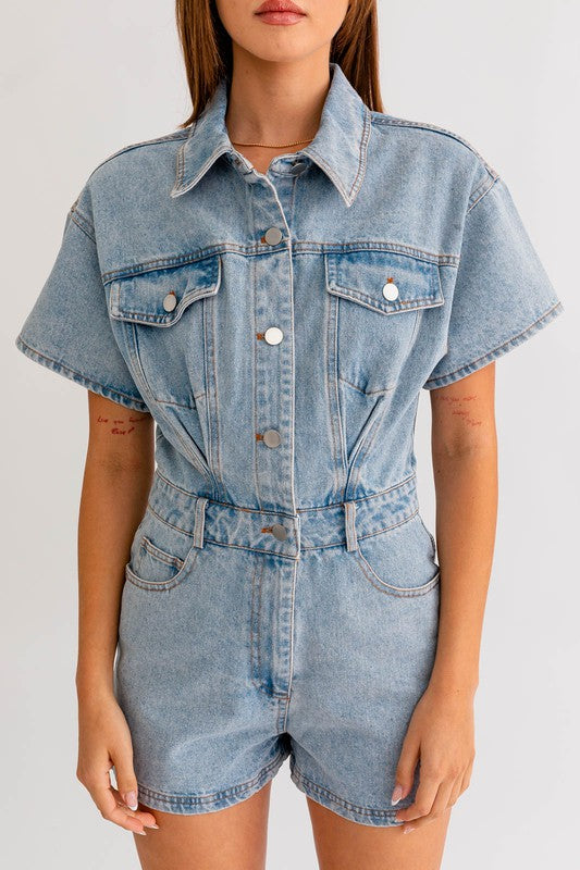 Bohemian Short Sleeve Denim Romper