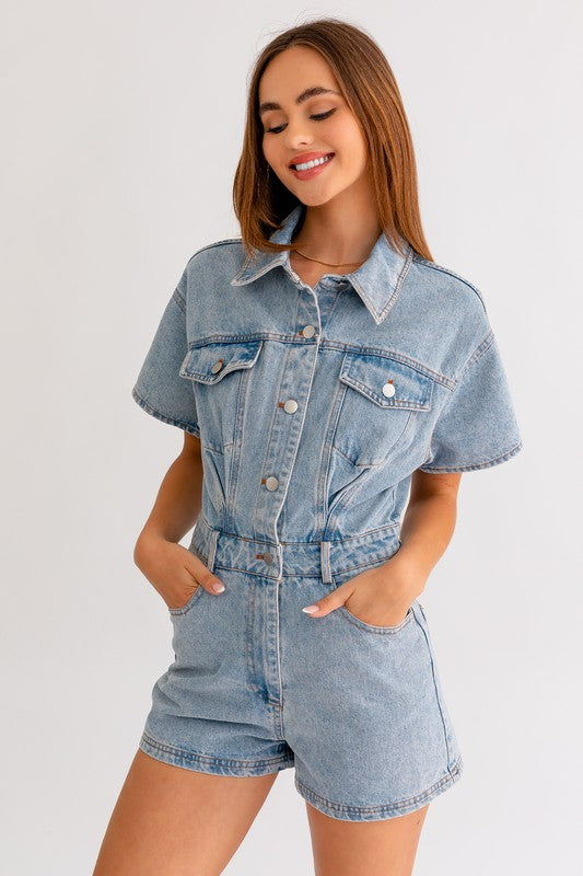 Bohemian Short Sleeve Denim Romper