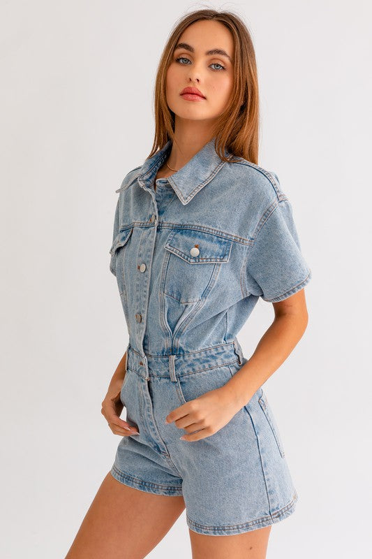 Denim Ruffle Sleeved Shorts Romper – OliverandJade