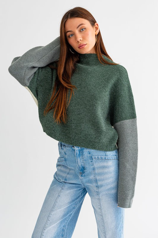 Bohemian Color Block Oversized Cropped Mock Neck Sweater
