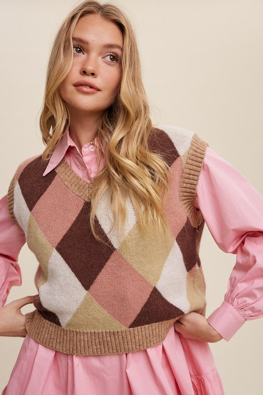 Bohemian Argyle Cropped Knit Sweater Vest