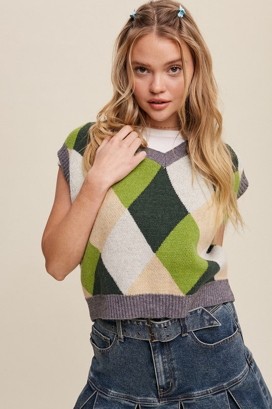 Bohemian Argyle Cropped Knit Sweater Vest