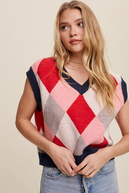 Bohemian Argyle Cropped Knit Sweater Vest