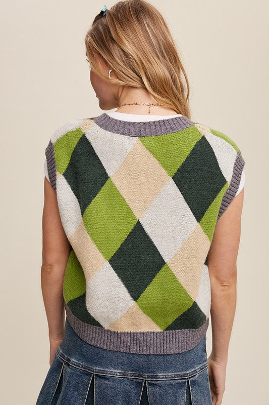 Bohemian Argyle Cropped Knit Sweater Vest