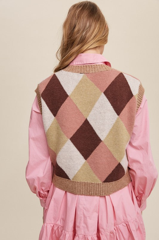 Bohemian Argyle Cropped Knit Sweater Vest