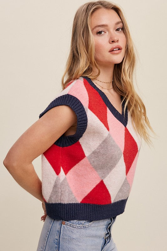 Bohemian Argyle Cropped Knit Sweater Vest