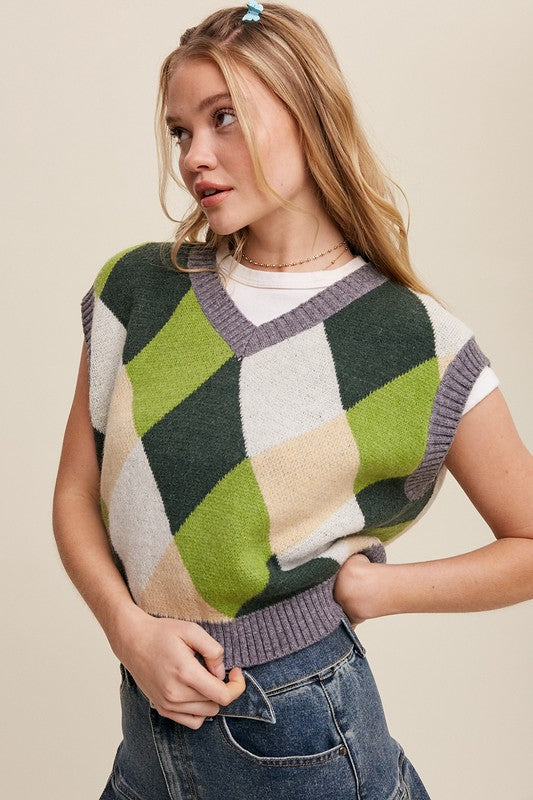 Bohemian Argyle Cropped Knit Sweater Vest