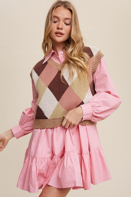Bohemian Argyle Cropped Knit Sweater Vest