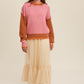 Bohemian Color Block Pink Ribbed Knit Sweater