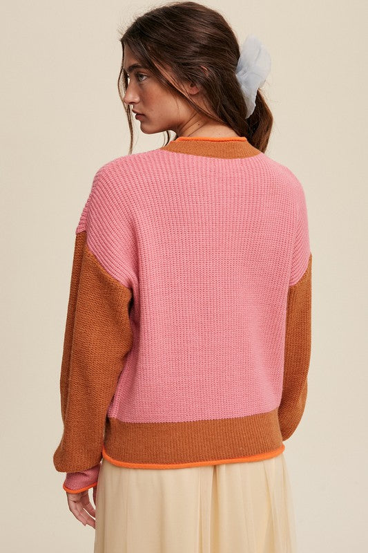 Bohemian Color Block Pink Ribbed Knit Sweater