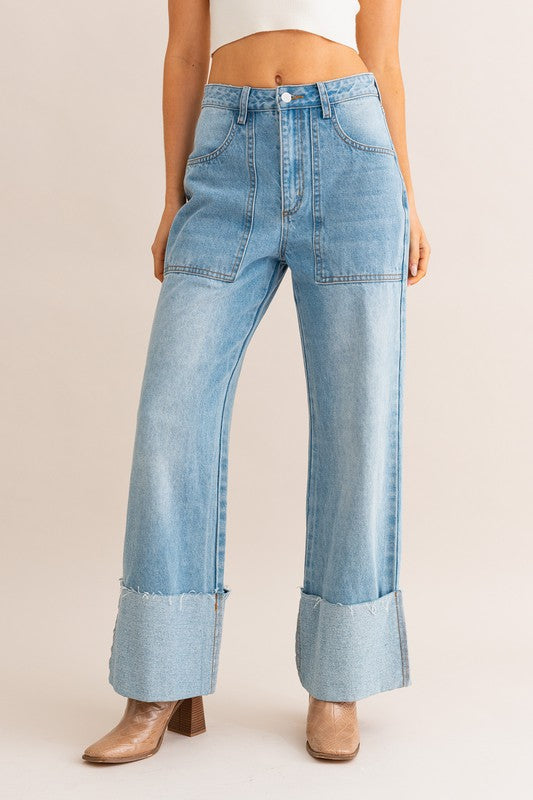 Bohemian High Waisted Wide Leg Cuffed Jeans