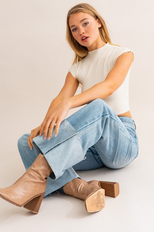 Bohemian High Waisted Wide Leg Cuffed Jeans