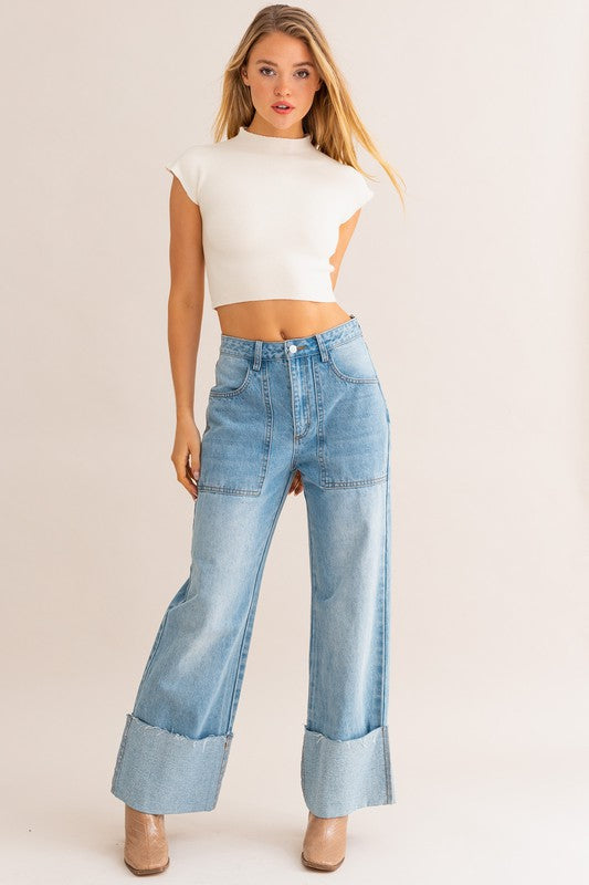Bohemian High Waisted Wide Leg Cuffed Jeans