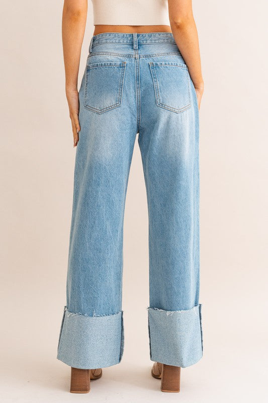 Bohemian High Waisted Wide Leg Cuffed Jeans