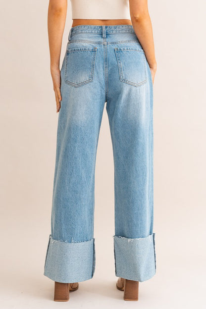 Bohemian High Waisted Wide Leg Cuffed Jeans