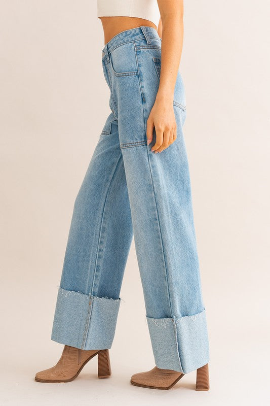 Bohemian High Waisted Wide Leg Cuffed Jeans
