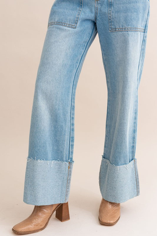 Bohemian High Waisted Wide Leg Cuffed Jeans