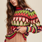 Bohemian Mod Print Full of Heart Mock Neck Puff Sleeve Knit Sweater
