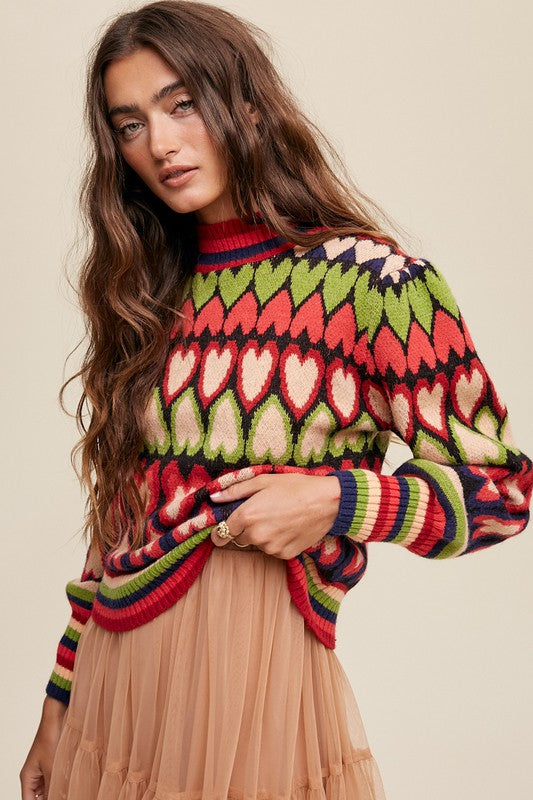 Bohemian Mod Print Full of Heart Mock Neck Puff Sleeve Knit Sweater