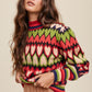 Bohemian Mod Print Full of Heart Mock Neck Puff Sleeve Knit Sweater