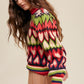 Bohemian Mod Print Full of Heart Mock Neck Puff Sleeve Knit Sweater