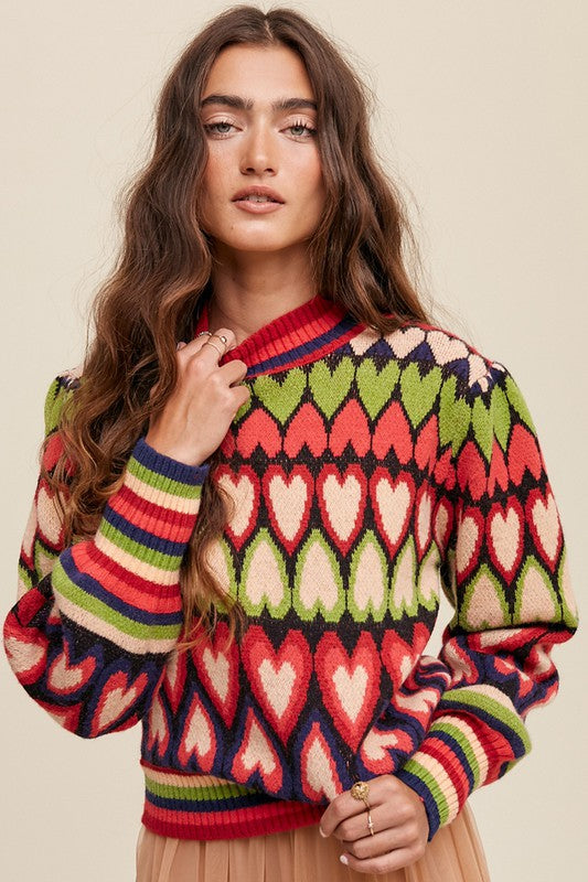 Bohemian Mod Print Full of Heart Mock Neck Puff Sleeve Knit Sweater