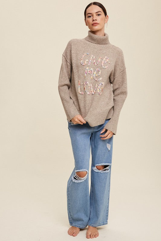 Bohemian Give Me Love Stitched Mock Neck Pullover Sweater