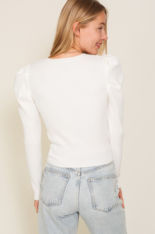Bohemian Ribbed Puff Long Sleeve Knit Top