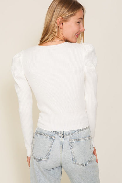 Bohemian Ribbed Puff Long Sleeve Knit Top