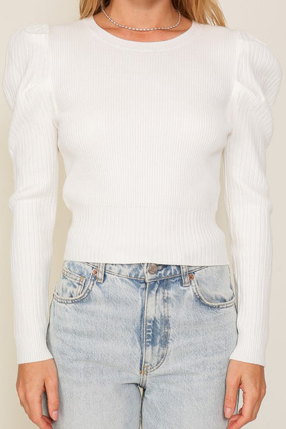 Bohemian Ribbed Puff Long Sleeve Knit Top