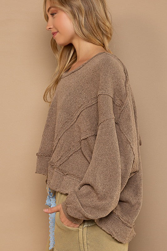 Bohemian POL Round Neck Balloon Sleeve Hooded Knit Top