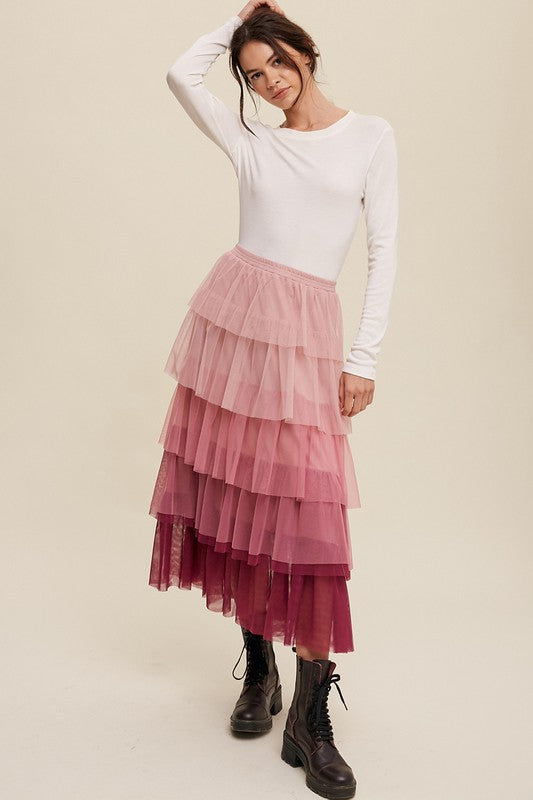 Bohemian Gradient Style Tiered Mesh Maxi Skirt