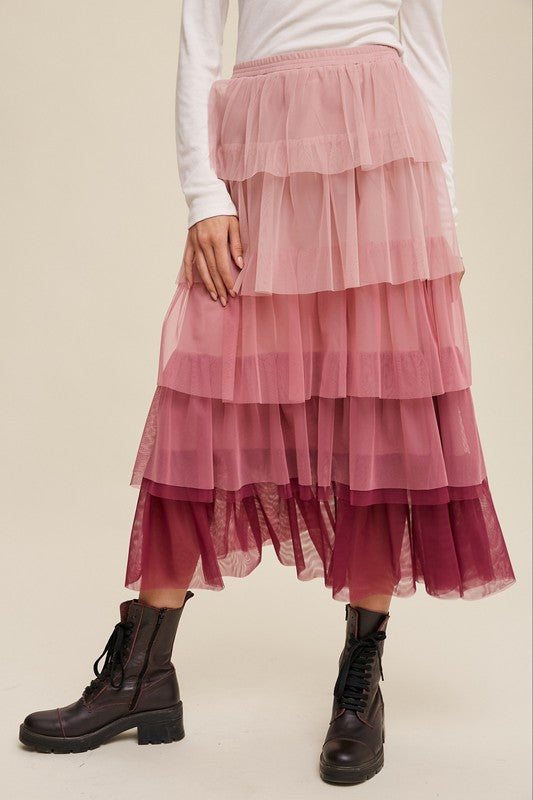 Bohemian Gradient Style Tiered Mesh Maxi Skirt