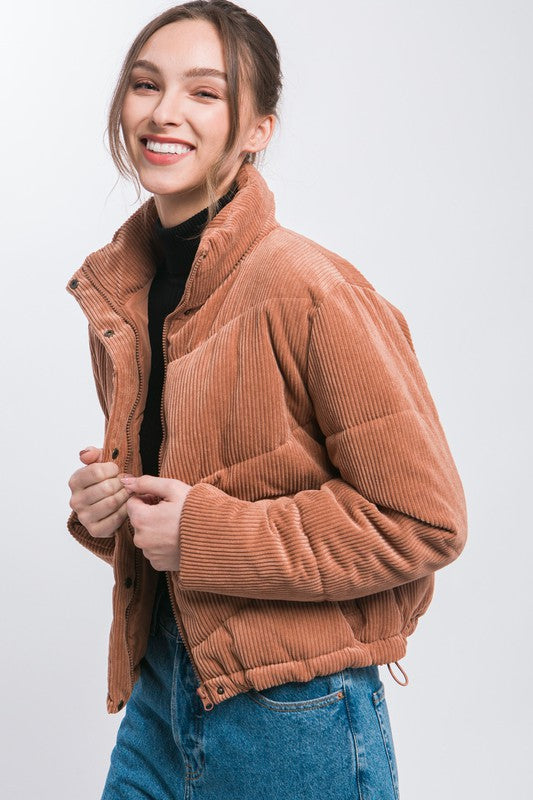 Bohemian Corduroy Puffer Jacket with Toggle Detail