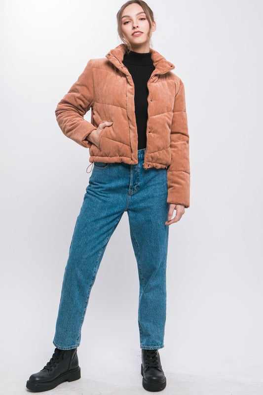 Bohemian Corduroy Puffer Jacket with Toggle Detail