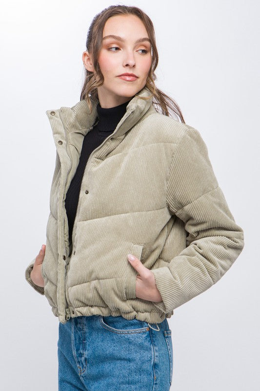 Bohemian Corduroy Puffer Jacket with Toggle Detail
