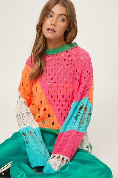 Bohemian Rocker Color Block Distressed Detail Pullover Sweater